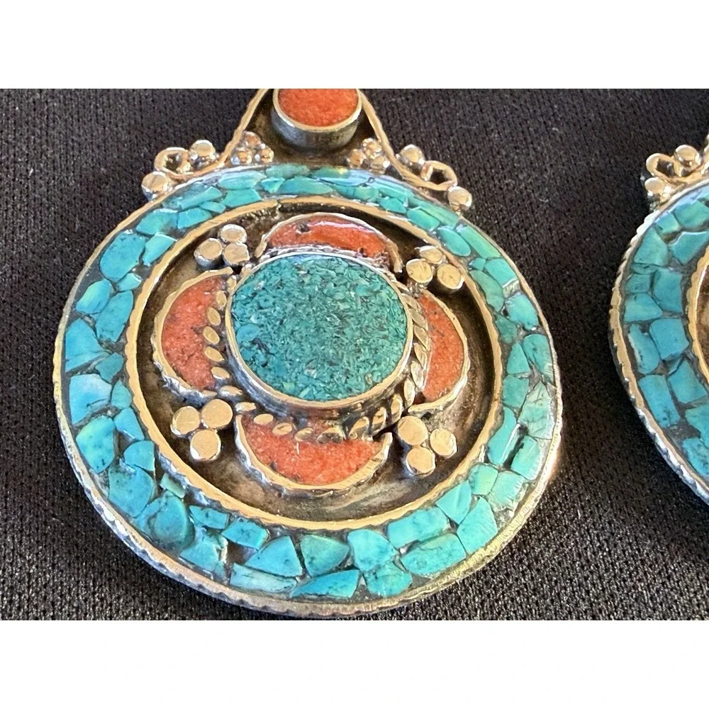 925 Silver Tribal Turquoise And Coral Earrings‎ Handcrafted with History